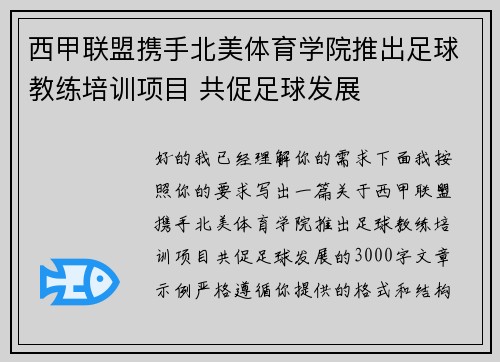 西甲联盟携手北美体育学院推出足球教练培训项目 共促足球发展 西甲联盟携手北美体育学院推出足球教练培训项目 共促足球发展