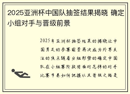 2025亚洲杯中国队抽签结果揭晓 确定小组对手与晋级前景 2025亚洲杯中国队抽签结果揭晓 确定小组对手与晋级前景